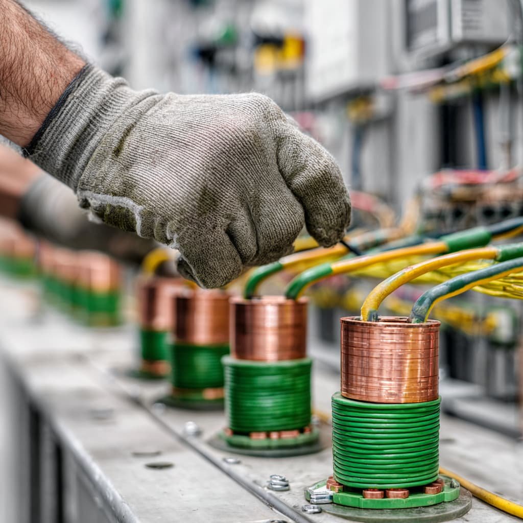 Servicio de puesta a tierra industrial. Instalación de puesta a tierra en industria con cables verde y amarillo.