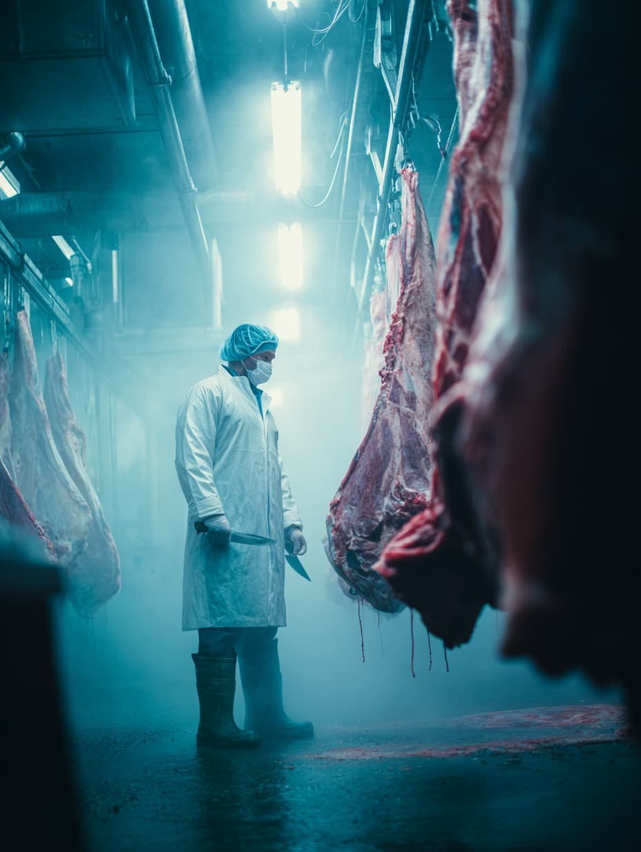 trabajador frigorífico carga térmica por frío Trabajador inspeccionando carne en cámara frigorífica con baja temperatura y alta exigencia higiénica.