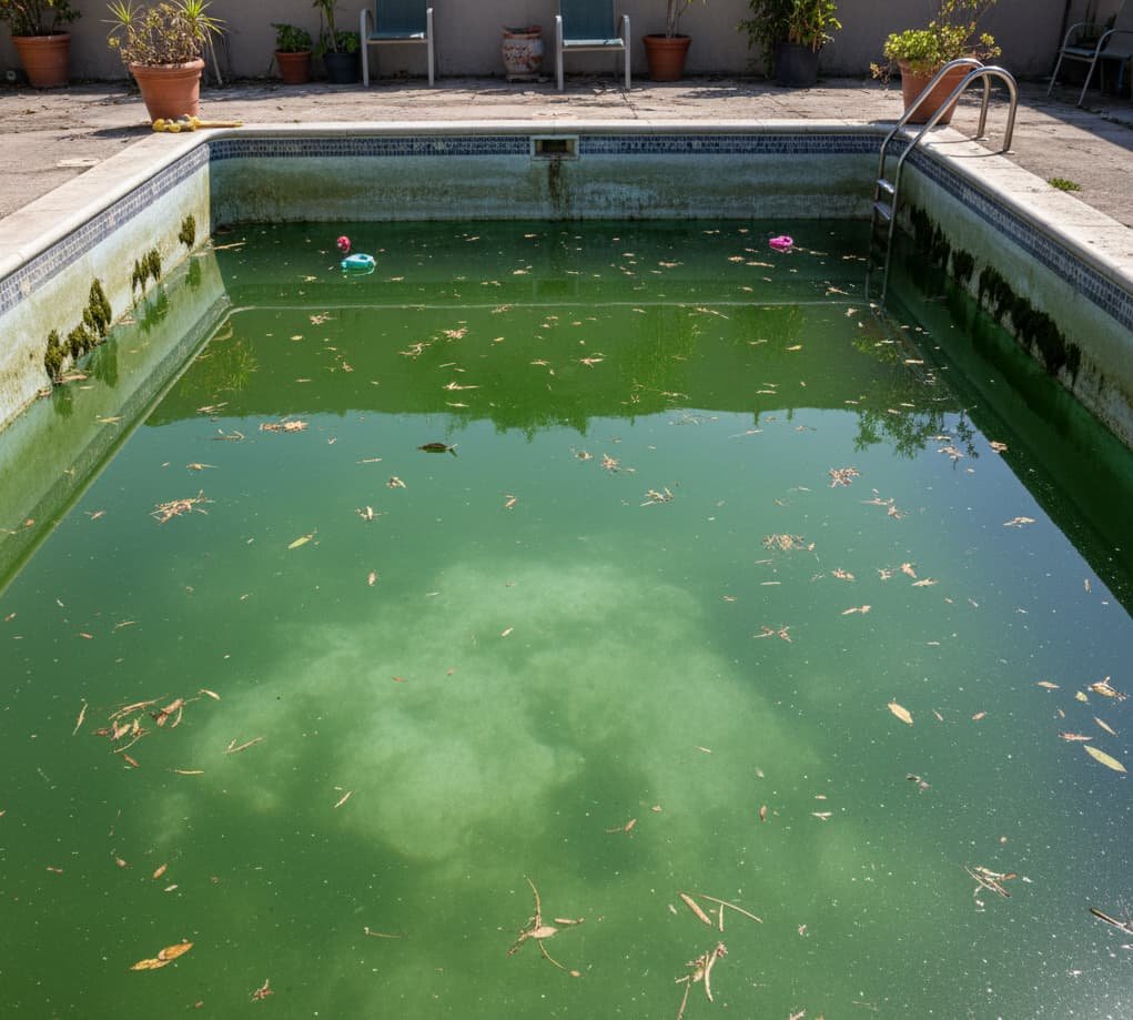 Pileta con algas Pileta con agua verde y presencia de algas debido a la falta de cloro y mantenimiento regular.